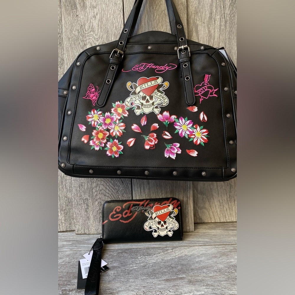 Ed Hardy Studded Embroidered Skull Satchel Bag & Wallet Set Y2K Love Kills